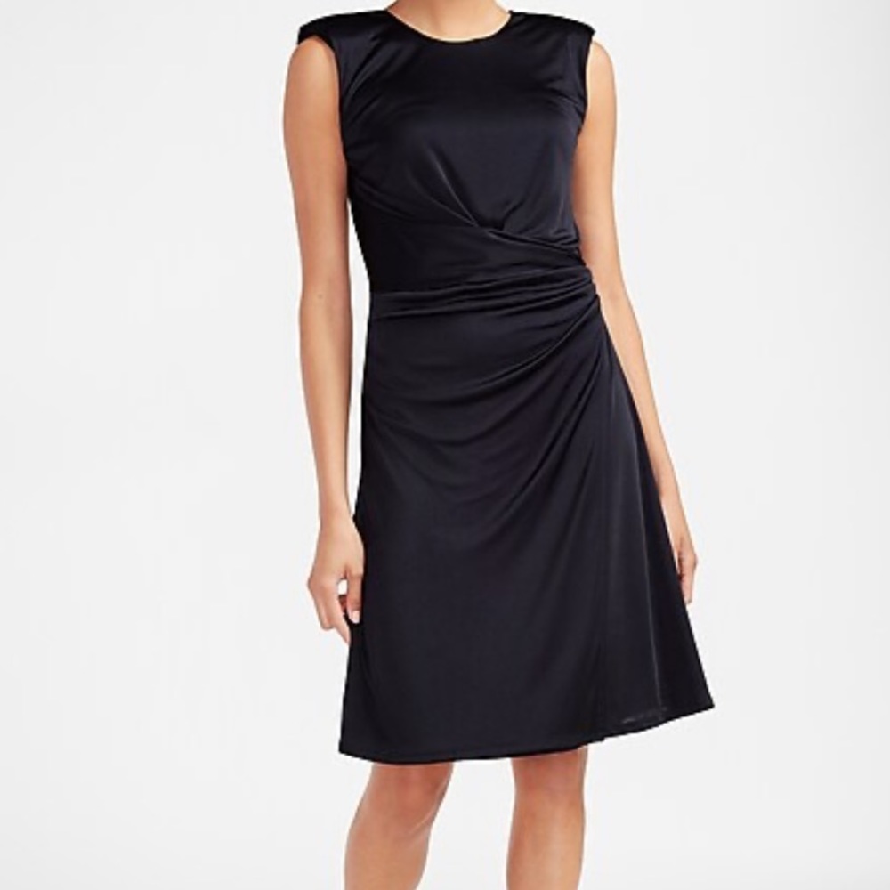 NWT Express Black Satin Cap Sleeve Ruched Side Dress | S